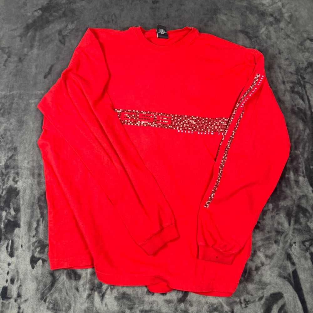 Guess Long Sleeve T-Shirt Mens XL Red Pixel Graphic Stripe Streetwear